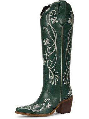 Women's Knee High Cowgirl Boots Western Boots with Pointed Toe Moss Green